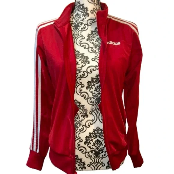 Adidas Women’s Small Zip-Front Red Essentials 3-Stripe Tricot Track Jacket - Picture 7 of 15